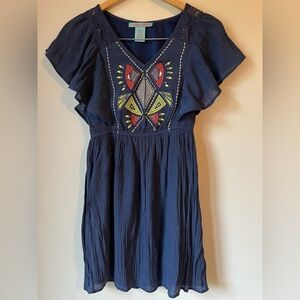 Flying Tomato Blue Boho Embroidered Aztec Bib Cotton Blend Mini Dress Size S